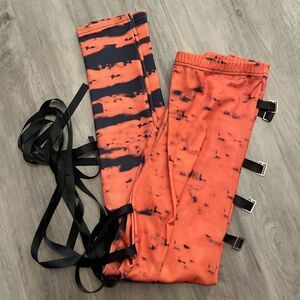 Women’s Modified Mesh Knee Orange Black Belt Loop Straps Leggings Size XL